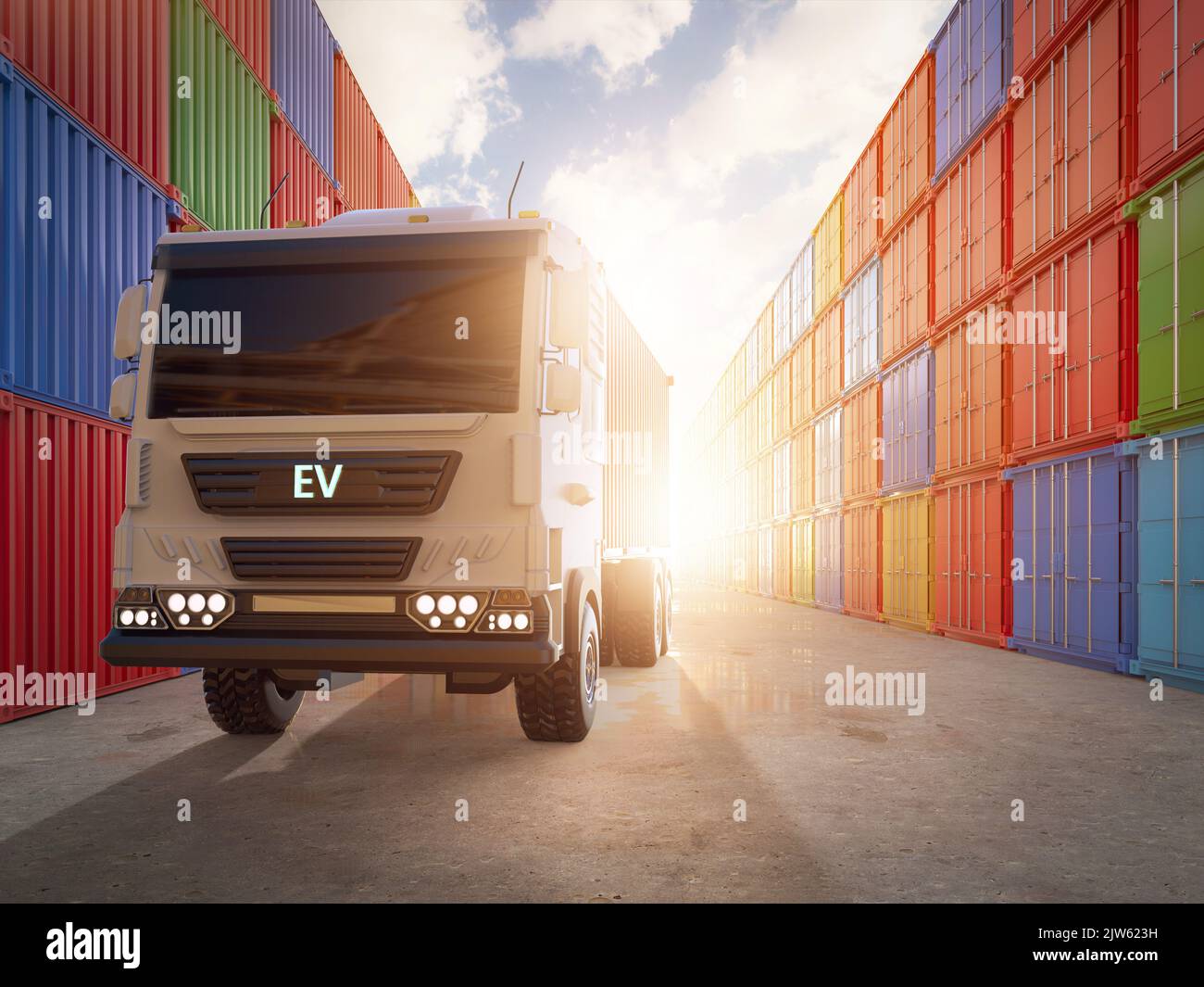 3d rendering ev logistic trailer truck or electric vehicle lorry at container terminal Stock Photo