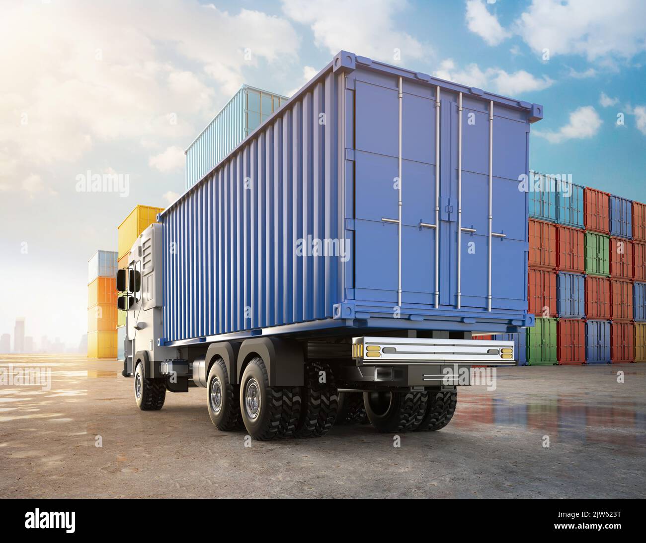 3d rendering logistic blue trailer truck or electric vehicle lorry at container terminal Stock Photo