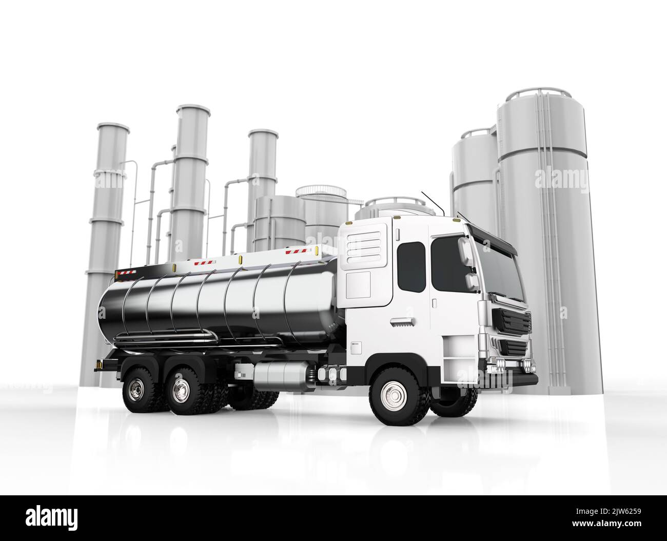 3d rendering logistic oil tank semi trailer truck at oil refinery Stock Photo