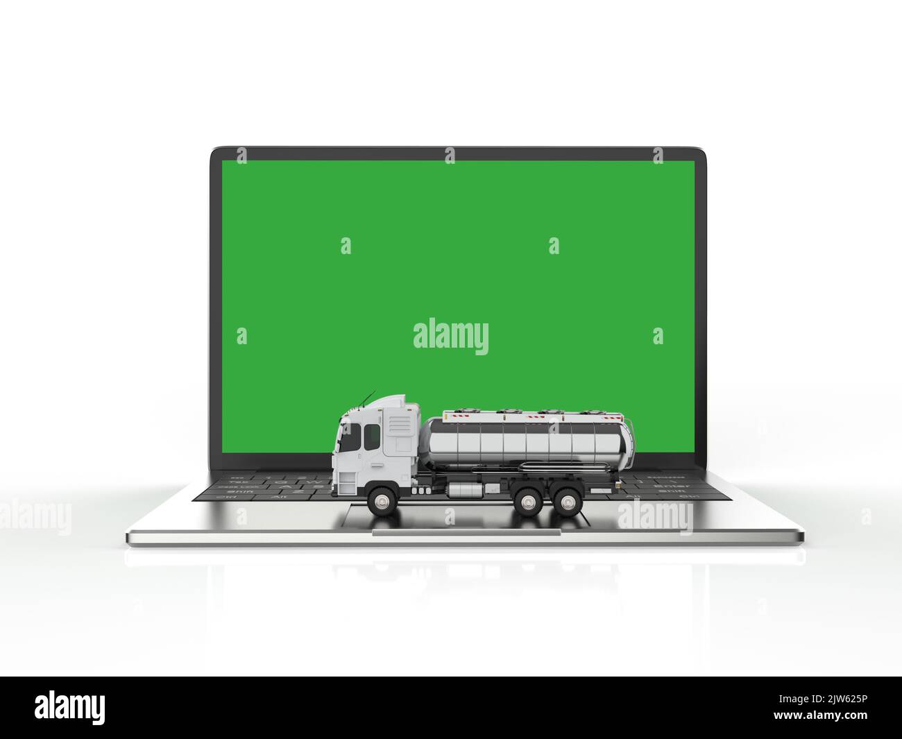 Logistic business information with 3d rendering oil tank semi trailer truck on blank screen computer notebook Stock Photo
