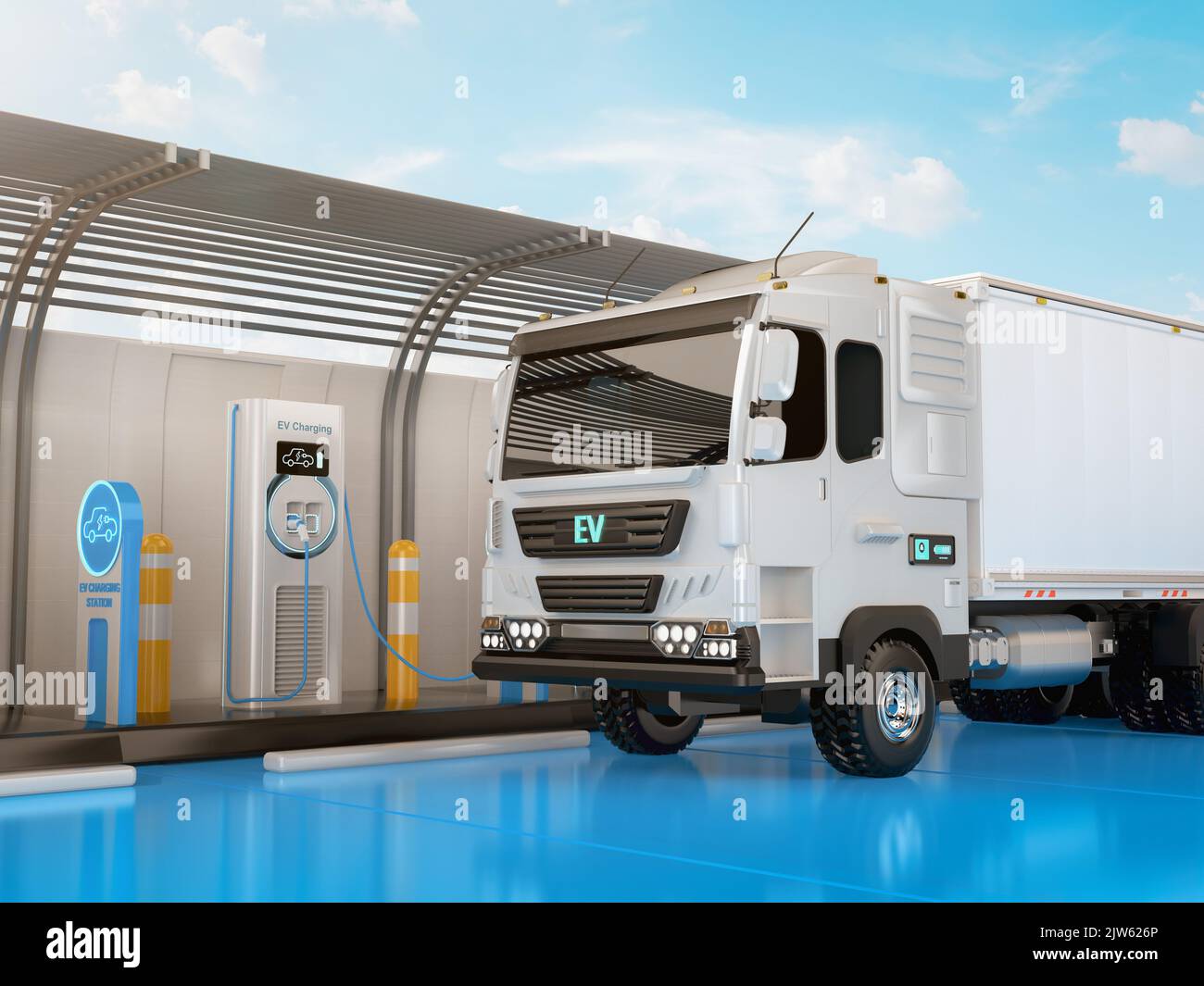 3d rendering ev logistic trailer truck or electric vehicle lorry at charging station Stock Photo