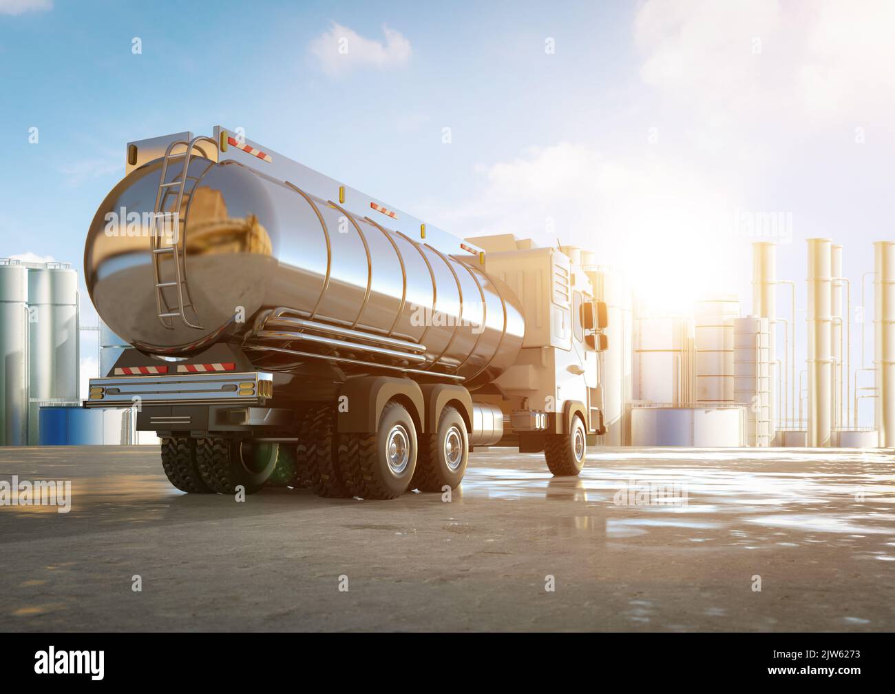 3d rendering logistic oil tank semi trailer truck at oil refinery Stock Photo