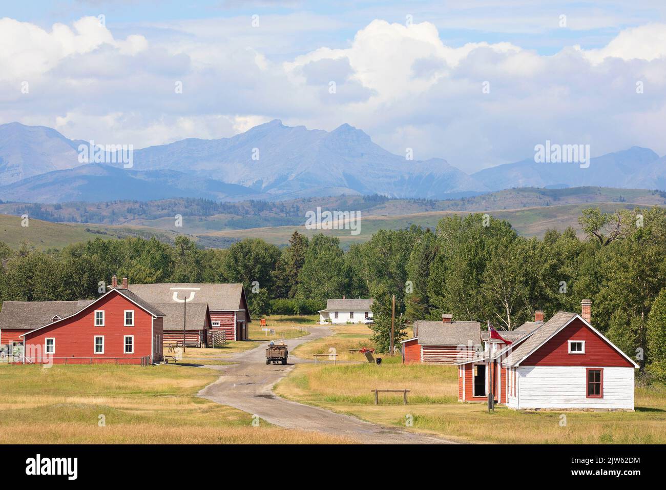 Bar U Ranch National Historic Site in the Rocky Mountain foothills of Alberta has the largest collection of historical ranch buildings in Canada Stock Photo