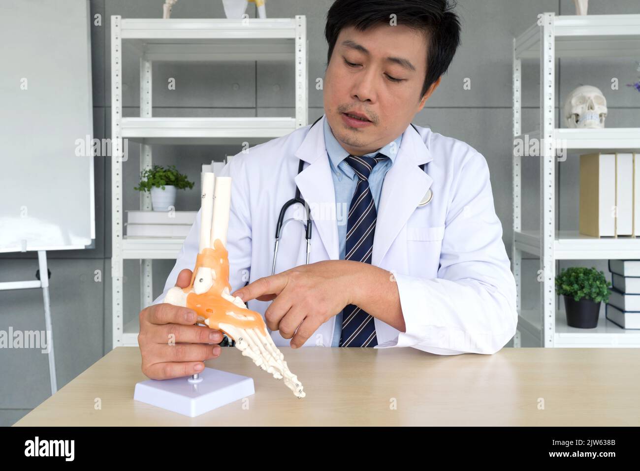 Asian Orthopedic Surgeon in white gown and stethoscope pointing at