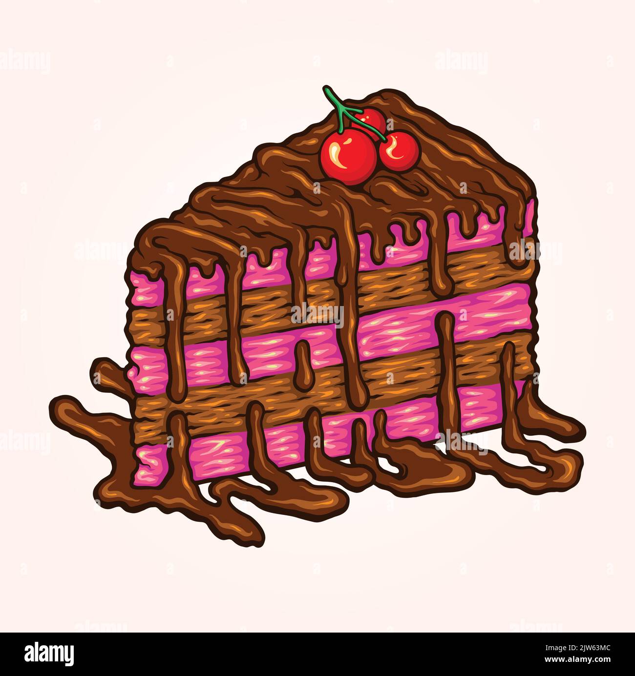 Delicious birthday cherry cake slice monochrome illustration vector ...