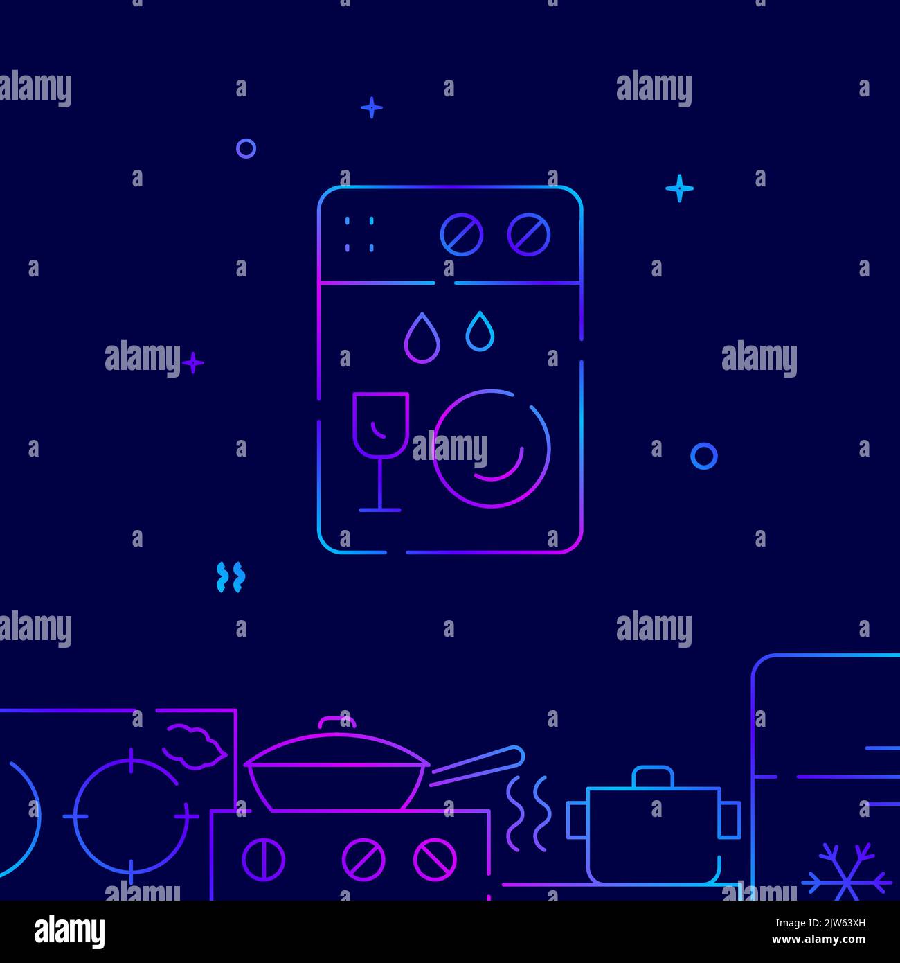 Dishwasher machine gradient line vector icon, simple illustration on a dark blue background, kitchenware related bottom border. Stock Vector