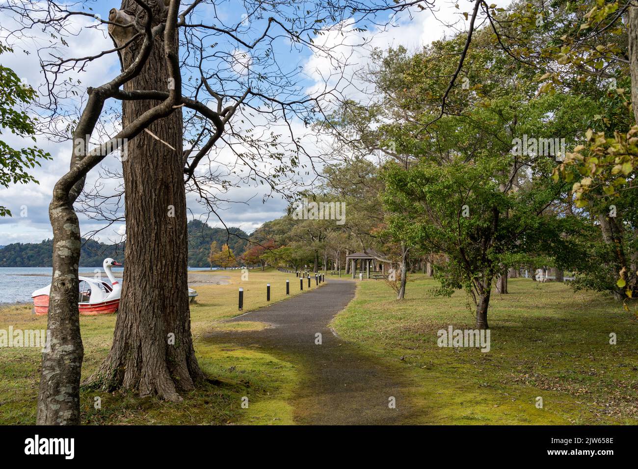 Autumn foliage scenery of Lake Towada in sunny day. Towada Hachimantai National Park, Aomori, Japan Stock Photo