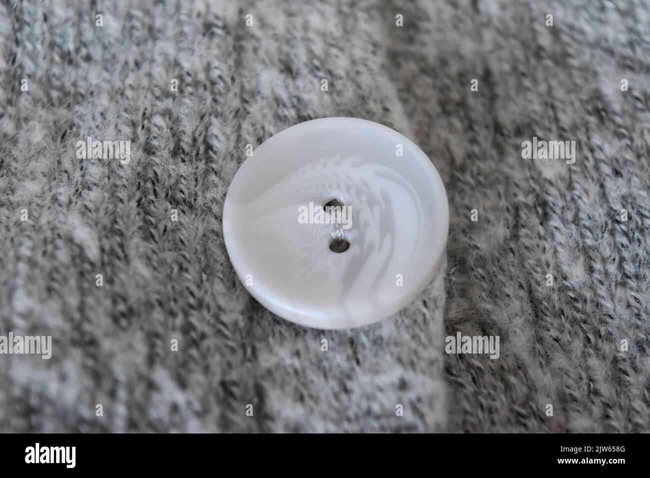 White plastic button on gray knitted fabric texture background Stock Photo