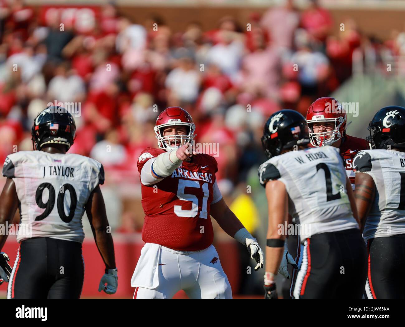 Jw Ricky The Line. 3rd Sep, 2022. Ricky Stromberg #51 Arkansas center points out ...