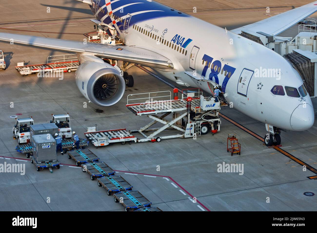 Plane serviced and loaded at gate at Haneda Airport, Tokyo, Japan Stock Photo