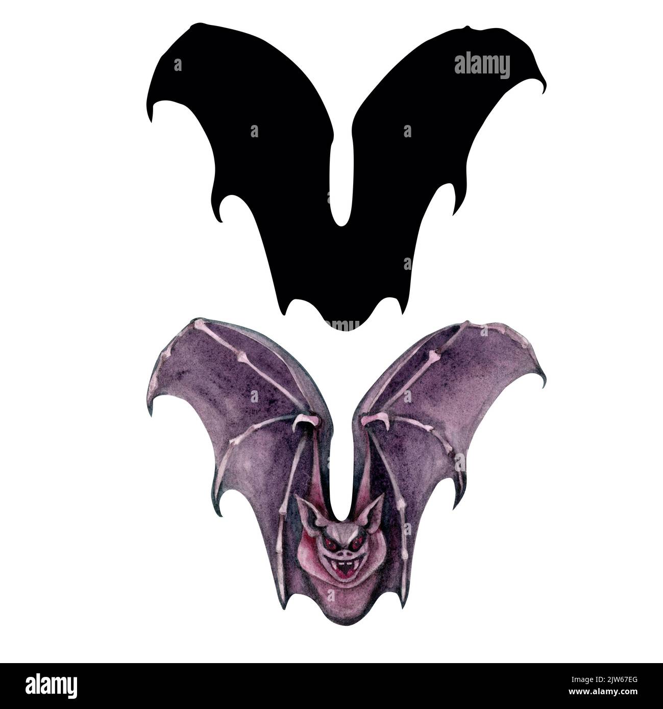 Bat 3 with shadow from family of Halloween bats. Handpainted in