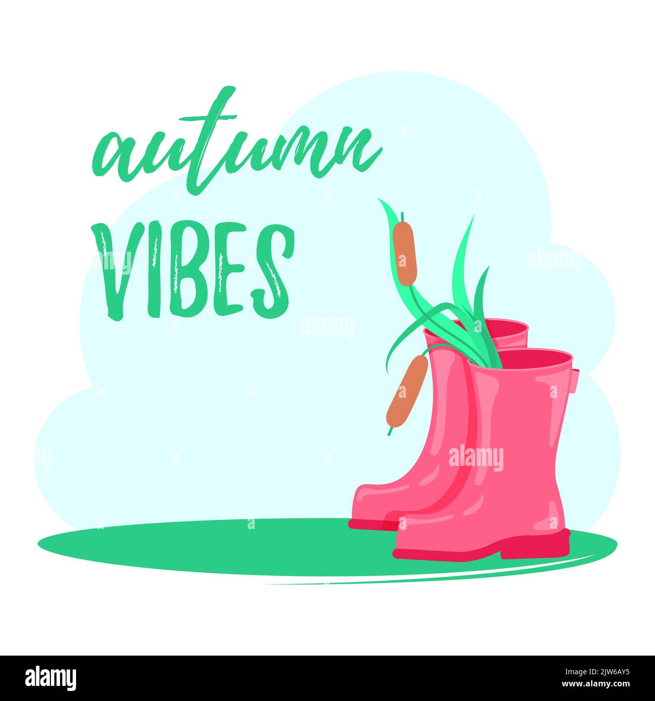 Pink rubber boots with reeds inside. Autumn time card with copy space for text. Greeting, invitation card with quote Autumn vibes Stock Vector