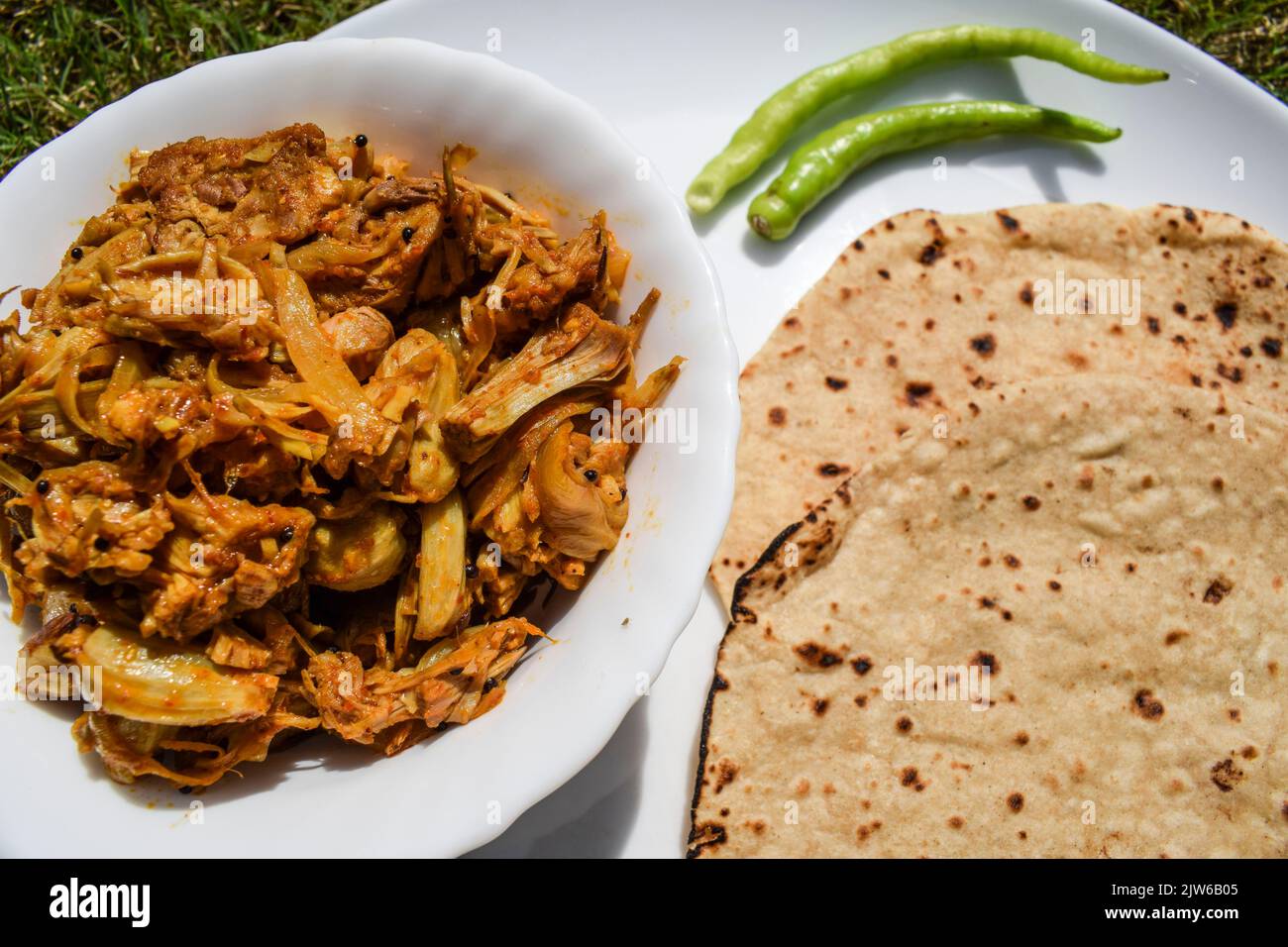 Simple and tasty Indian homemade lunch food item. Roti sabji lunch from India. Chapathi with Jackfruit curry. Jackfruit or Kathal ki sabji roti with p Stock Photo