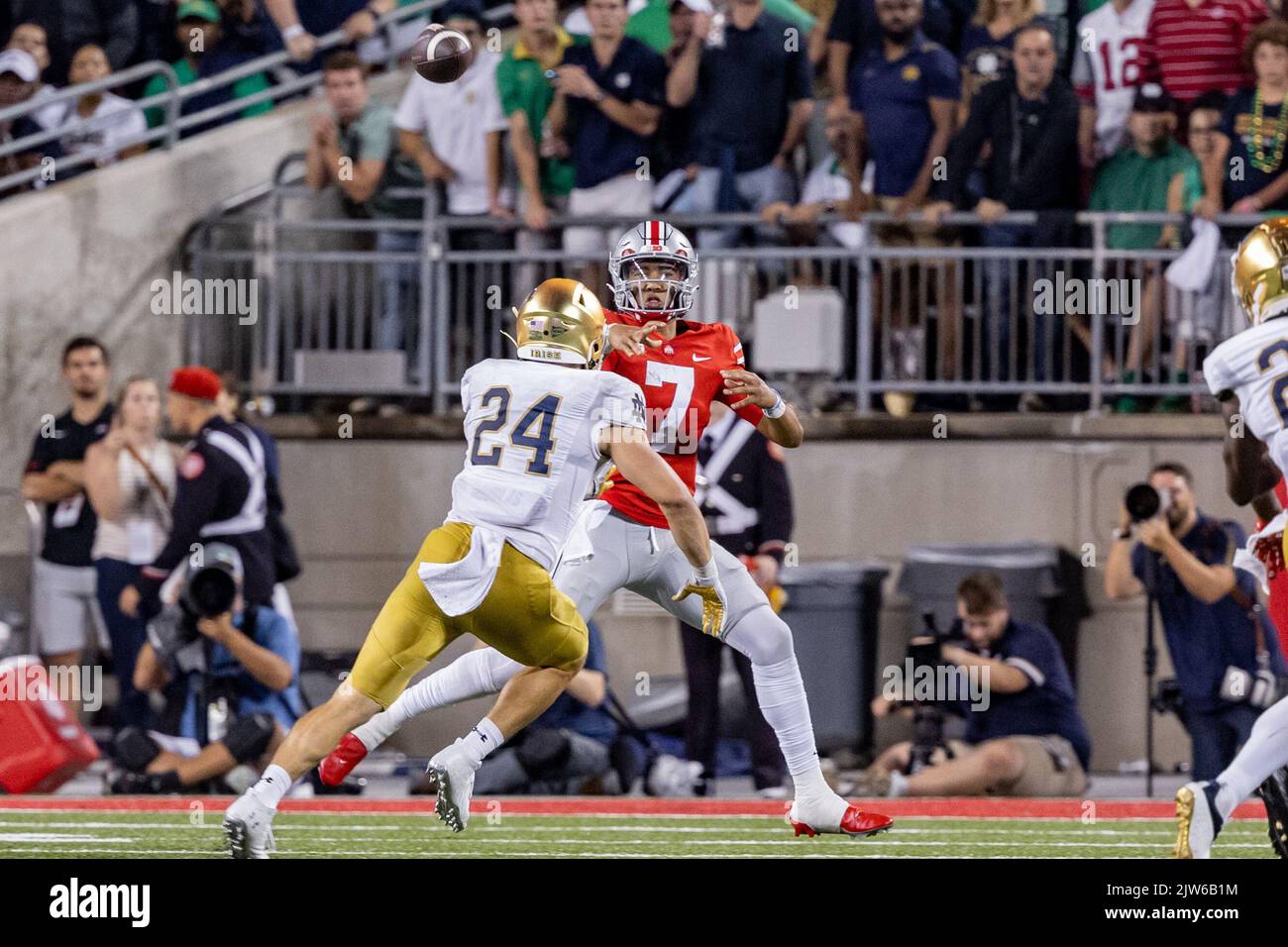 Columbus, Ohio, USA. 3rd Sep, 2022. Ohio State Buckeyes quarterback C.J. Stroud (7) throws on