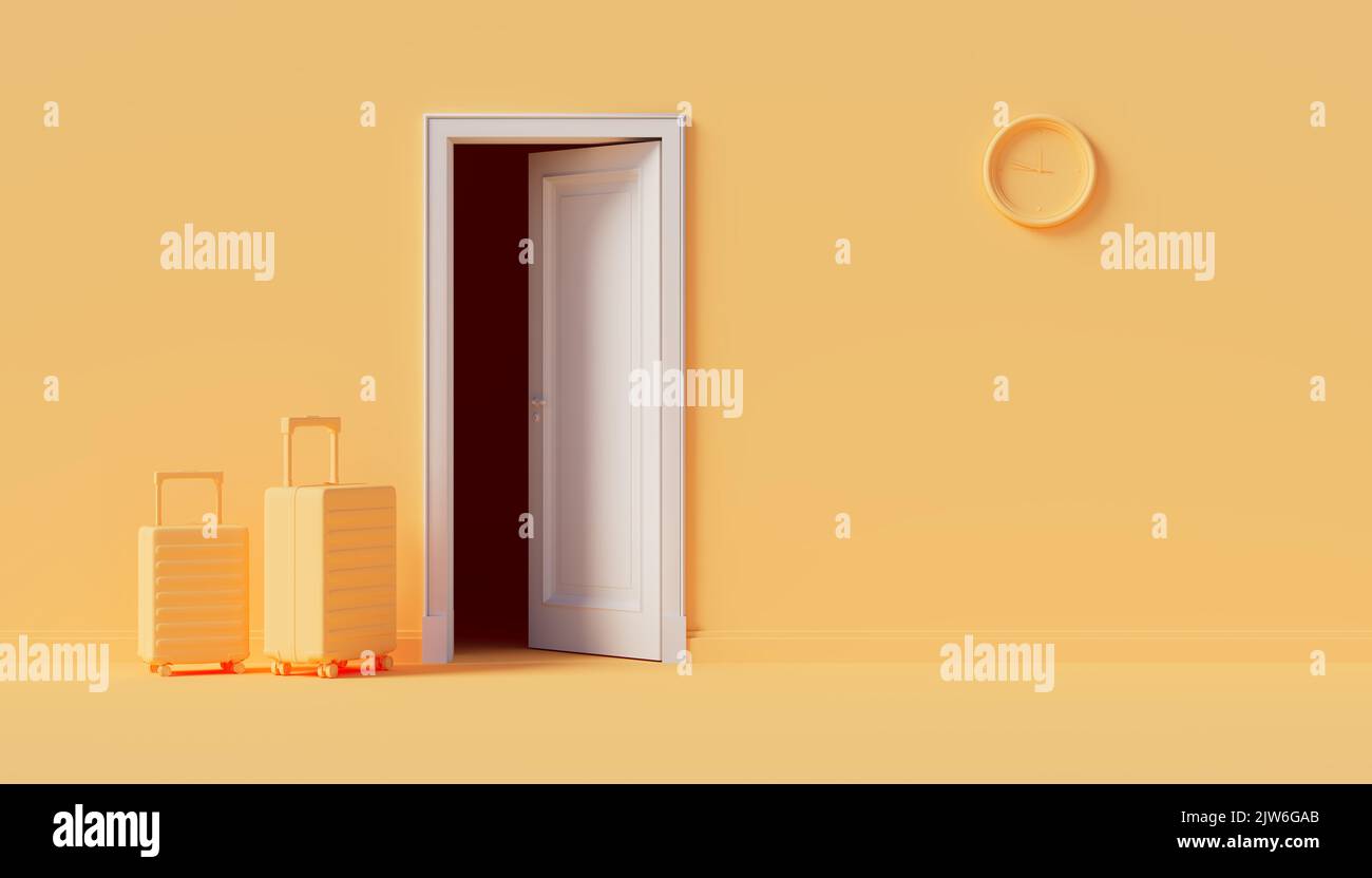 Open white door to the room and suitcases in front of it. 3d render Stock Photo