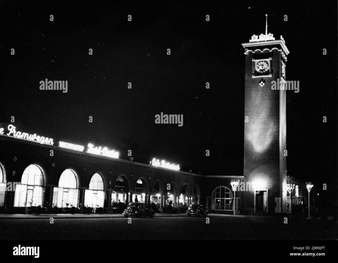 View of a part of the facade of the N.S. station Nijmegen in Nijmegen at evening. Stock Photo