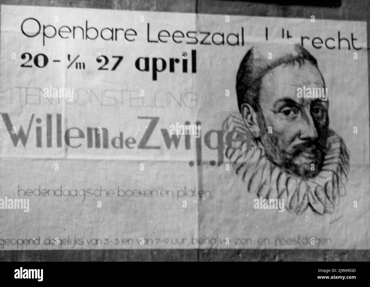 Image of the poster for the Willem de Zwijger exhibition of 20-27 April 1933 in the public reading room and library (Voetiusstraat 2) in Utrecht.n.b. The poster was designed by L. Wijmans. Stock Photo