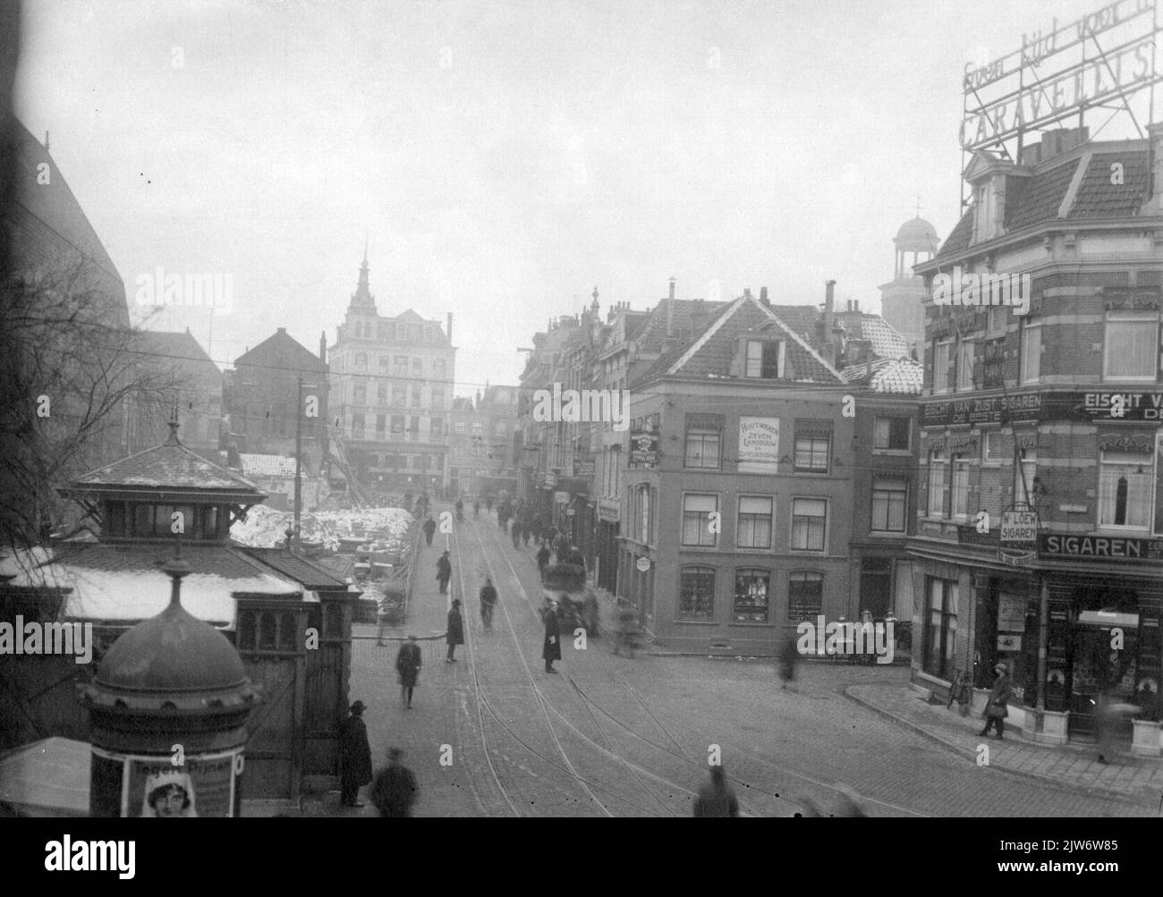 Face in the Potterstraat in Utrecht from the east with the entrance to the Loeff Berchmakerstraat and on the left the demolished southern street wall of the Potterstraat for the widening. Stock Photo