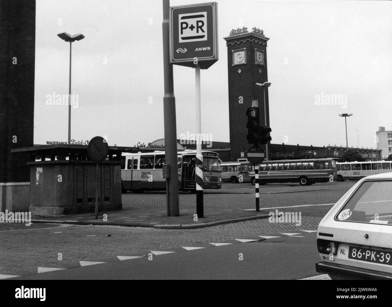 View of the N.S. station Nijmegen in Nijmegen with the Stationsplein in the foreground with a few regional buses. Stock Photo