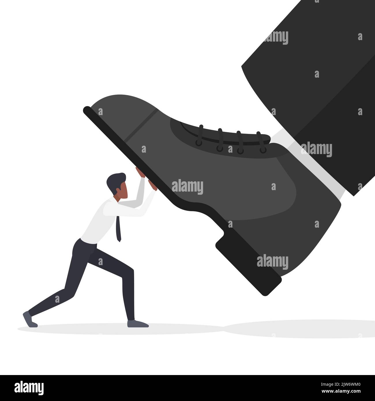 Abuse and attack of giant foot to businessman vector illustration. Cartoon tiny entrepreneur character fighting with strong pressure of boss power, business authority. Punishment, slavery concept Stock Vector