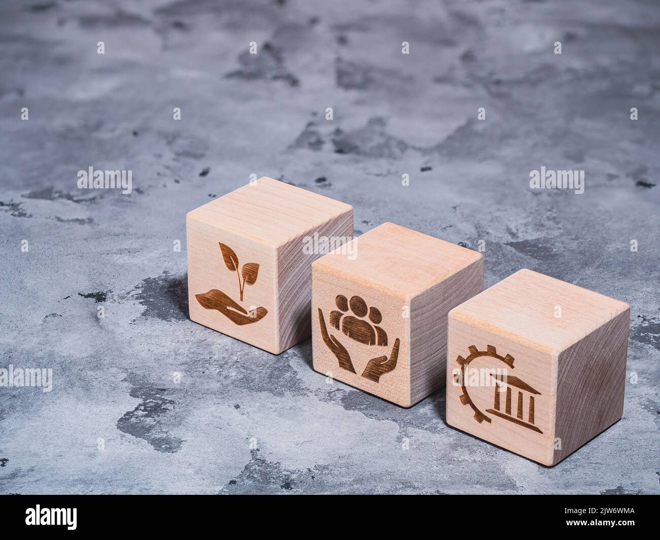 ESG symbols on wood blocks as environmental conservation and renewable resource concept Stock Photo