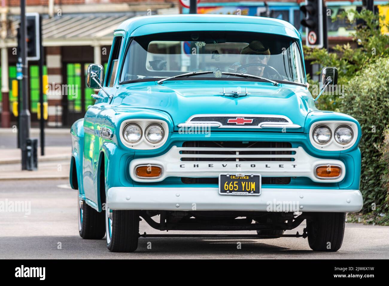 1959 Chevrolet Apache pick up truck arriving for the Classic Cars on the Beach car show in Southend on Sea, Essex, UK. American vintage truck Stock Photo