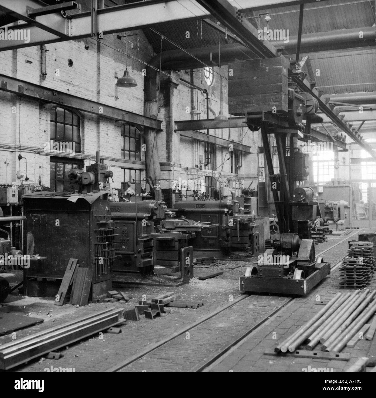 Interior of the workshop of the rail welding (SLI) of the N.S. in Utrecht: part of the large hall. Stock Photo