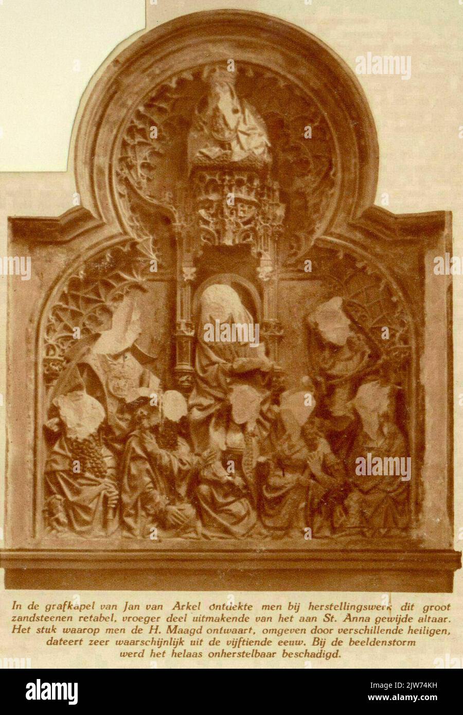 Image of a sandstone retable in the east wall of the chapel of Bishop Jan van Arkel in the Domkerk (Domplein) in Utrecht. The retable represents an Anna three, with St. Maarten (?), St. Antonius, St. Jakob, St. Catharina, St. Agnes and an unknown female saint. Stock Photo