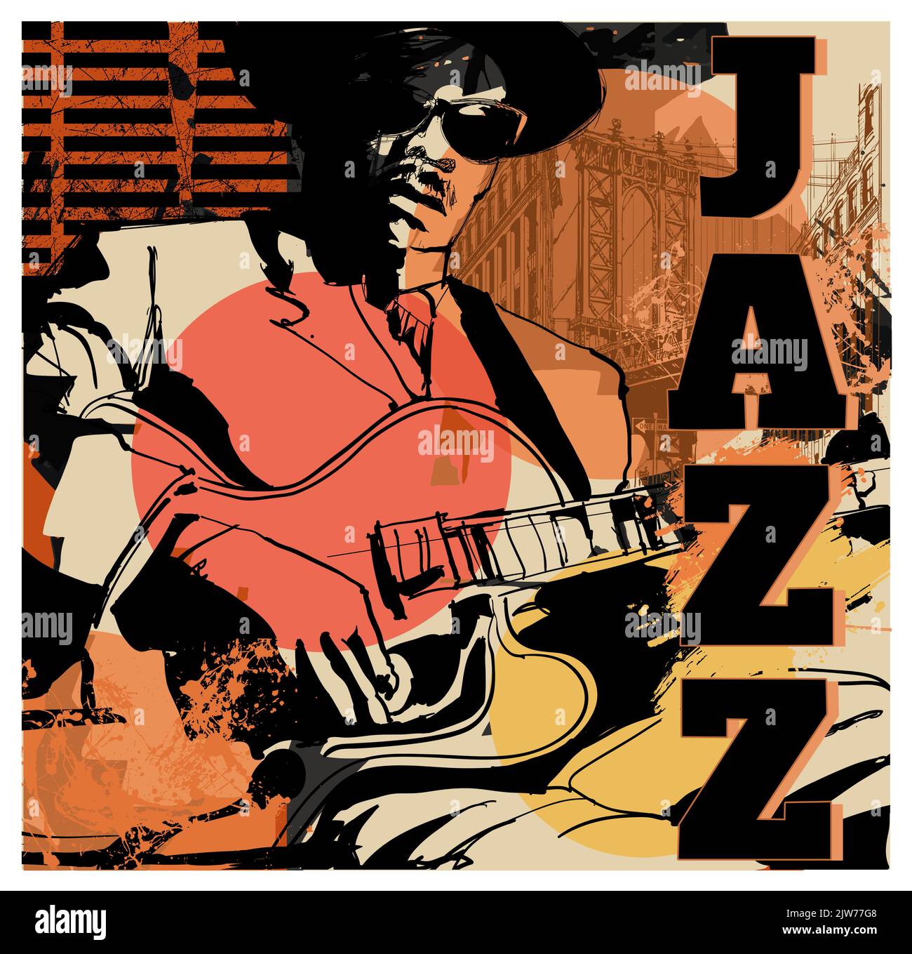 Jazz poster with guitar player in New York, Brooklyn - Vector illustration (Ideal for printing, poster or wallpaper, house decoration) Stock Vector