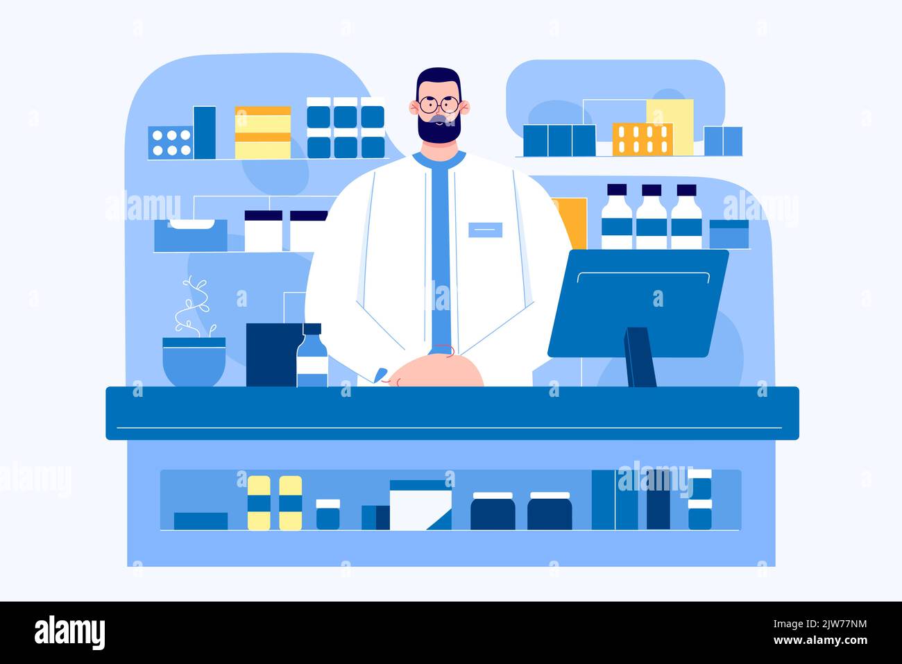 Pharmacy store with pharmacist standing at drugstore counter vector illustration. Cartoon man selling pills in modern medical shop interior with medications, vitamins and drugs on shelves and computer Stock Vector