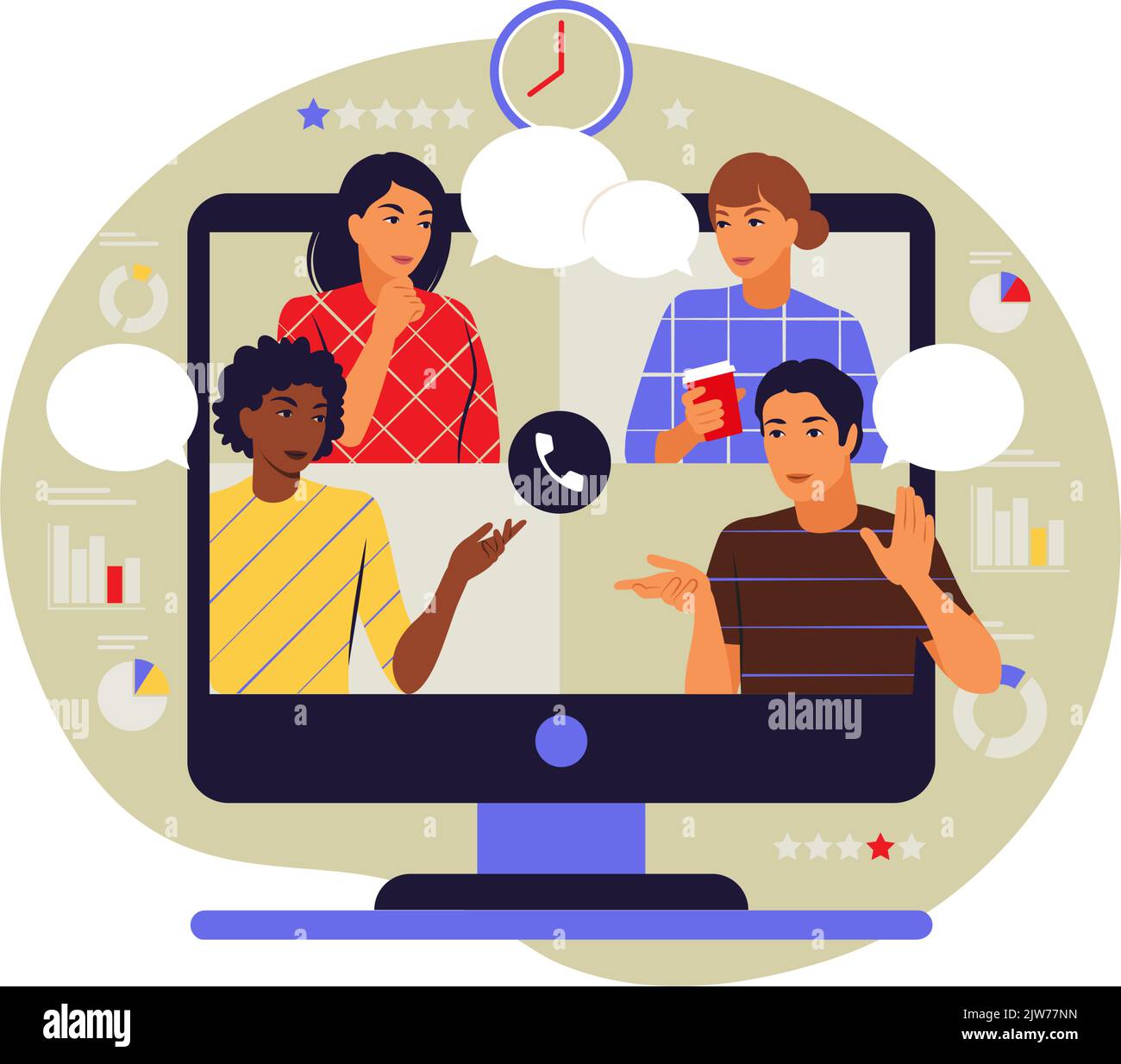 Video conference concept. Colleagues on computer screen talking. Vector illustration. Flat. Stock Vector