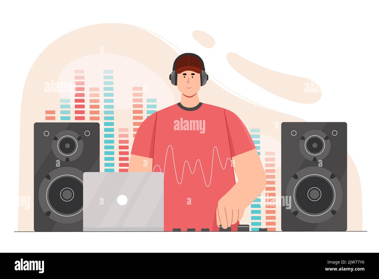 Sound engineer at work in studio vector illustration. Cartoon man composer working with multimedia software, mixing and composing electronic music with digital equipment. Audio production concept Stock Vector