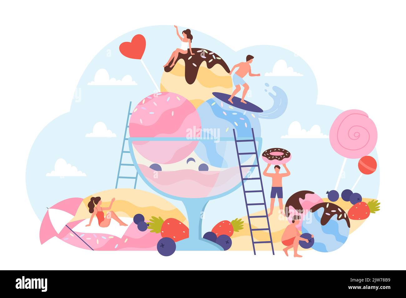 Ice cream beach party vector illustration. Cartoon summer camp scene with tiny young people sunbathing and surfing on creamy balls of ice cream in bowl, sundae with fruit, candy and chocolate syrup Stock Vector
