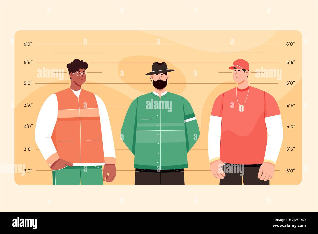 Police lineup of criminals and caught suspects with different height vector illustration. Cartoon male characters standing in line near ruler on wall of police station for identification and arrest Stock Vector