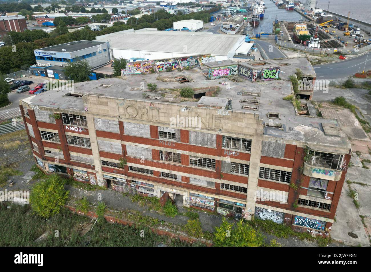 aerial view of lord line trawler company building, Large derelict