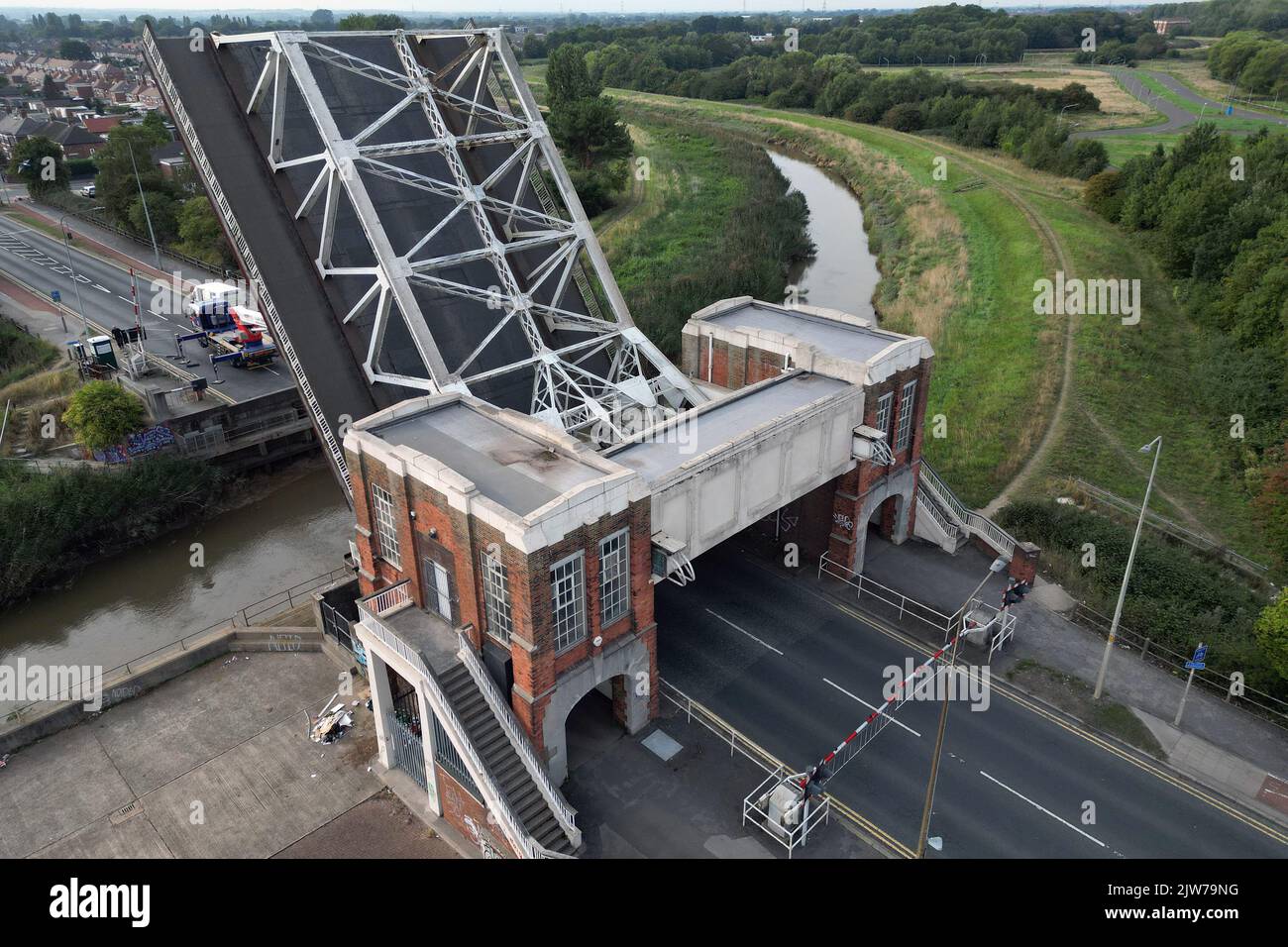 Sutton Road Bridge is a Scherzer Rolling Bascule road and pedestrian Bridge across the rive Hull, closed for repair, Kingston upon Hull, England Stock Photo