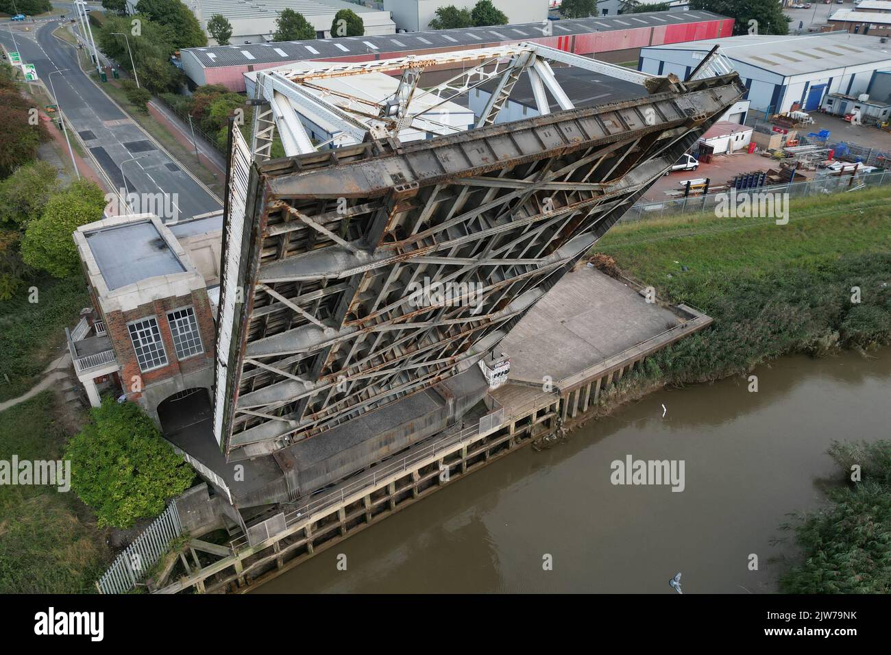 Sutton Road Bridge open to shipping, this is a Scherzer Rolling Bascule road and pedestrian Bridge across the rive Hull, Kingston upon Hull, England Stock Photo