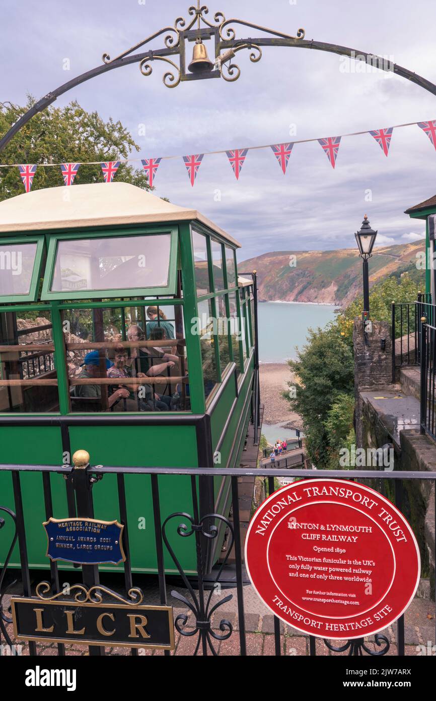 The view from the top of the Lynton & Lynmouth Funicular Cliff Railway. The Victorian funicular, which was opened in 1890, is the UK's only fully wate Stock Photo