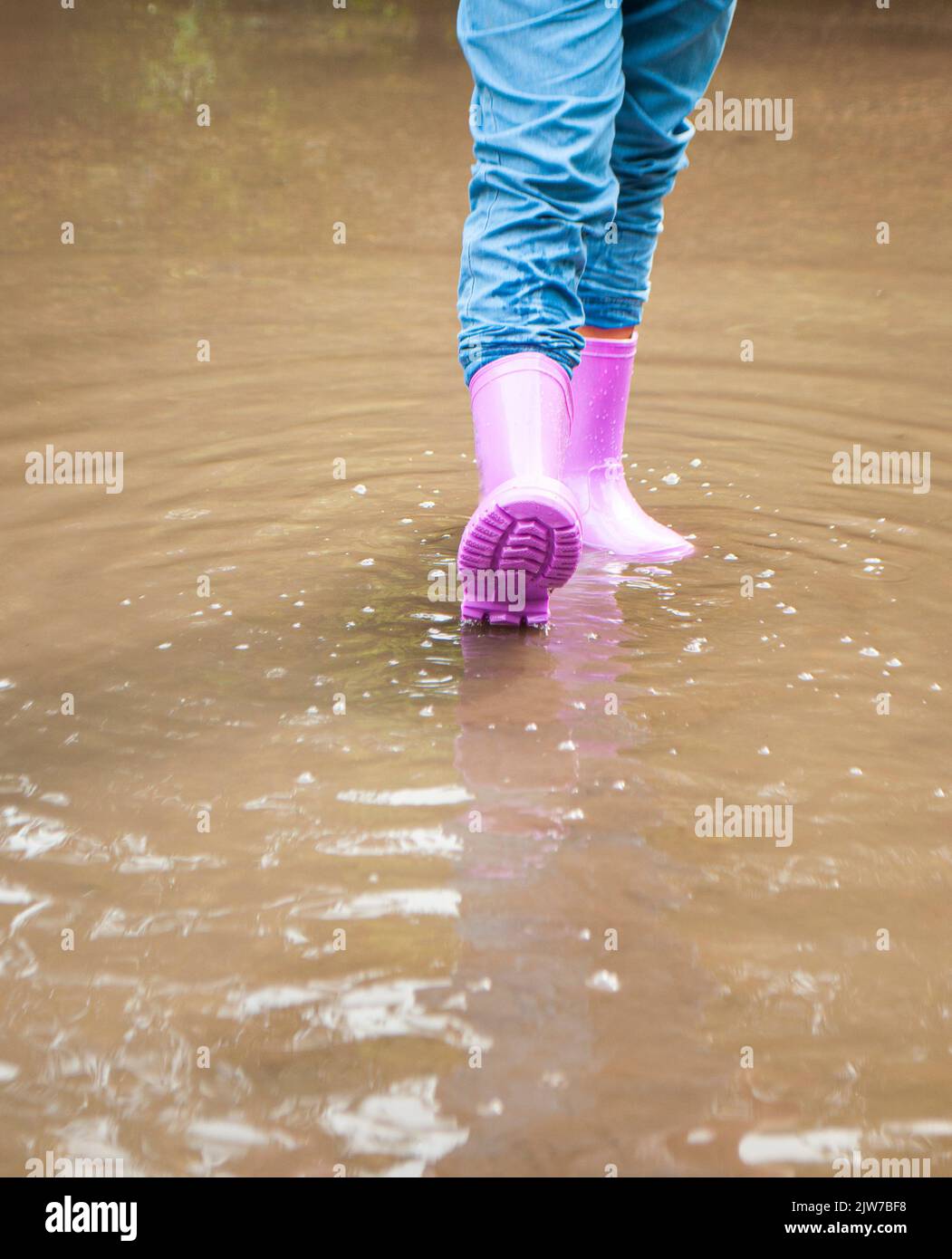 A girl in purple rubber boots is playing in muddy puddles Stock Photo