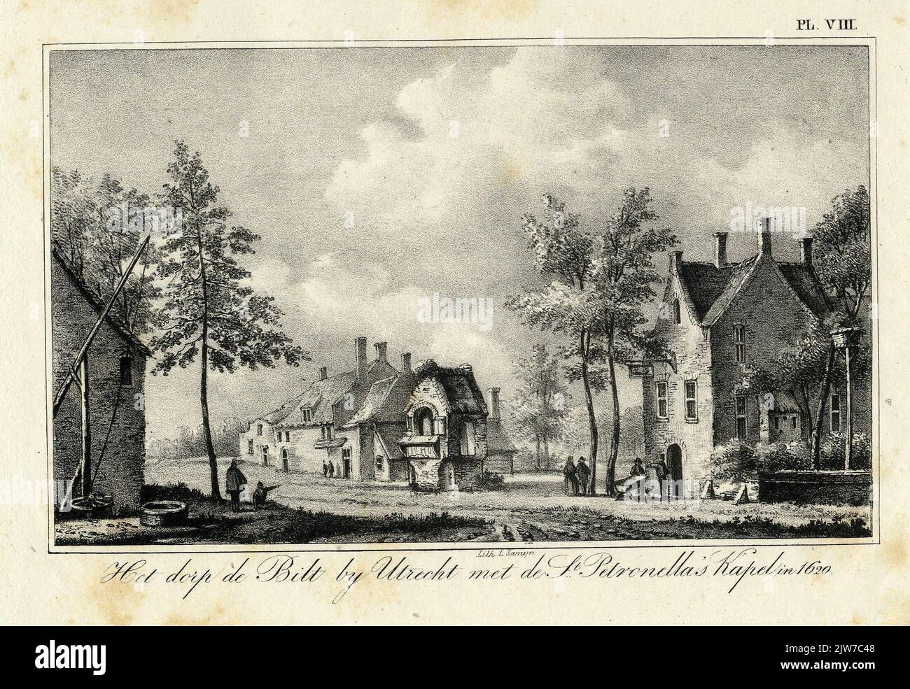 The village of De Bilt by Utrecht with the St. Petronella's chapel in 1620. Stock Photo
