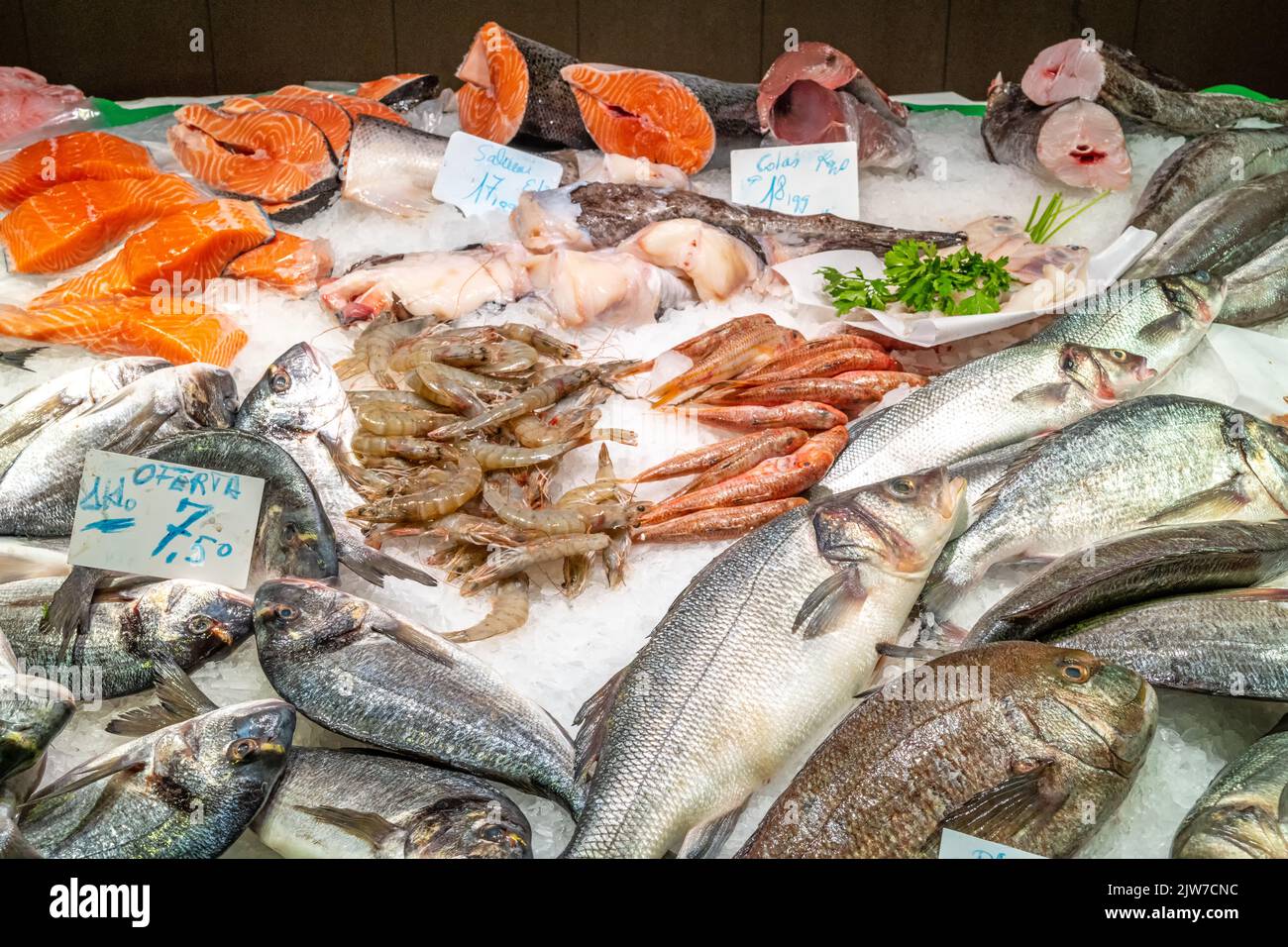 Fish and seafood on ice seen at a market in Barcelona, Spain Stock Photo