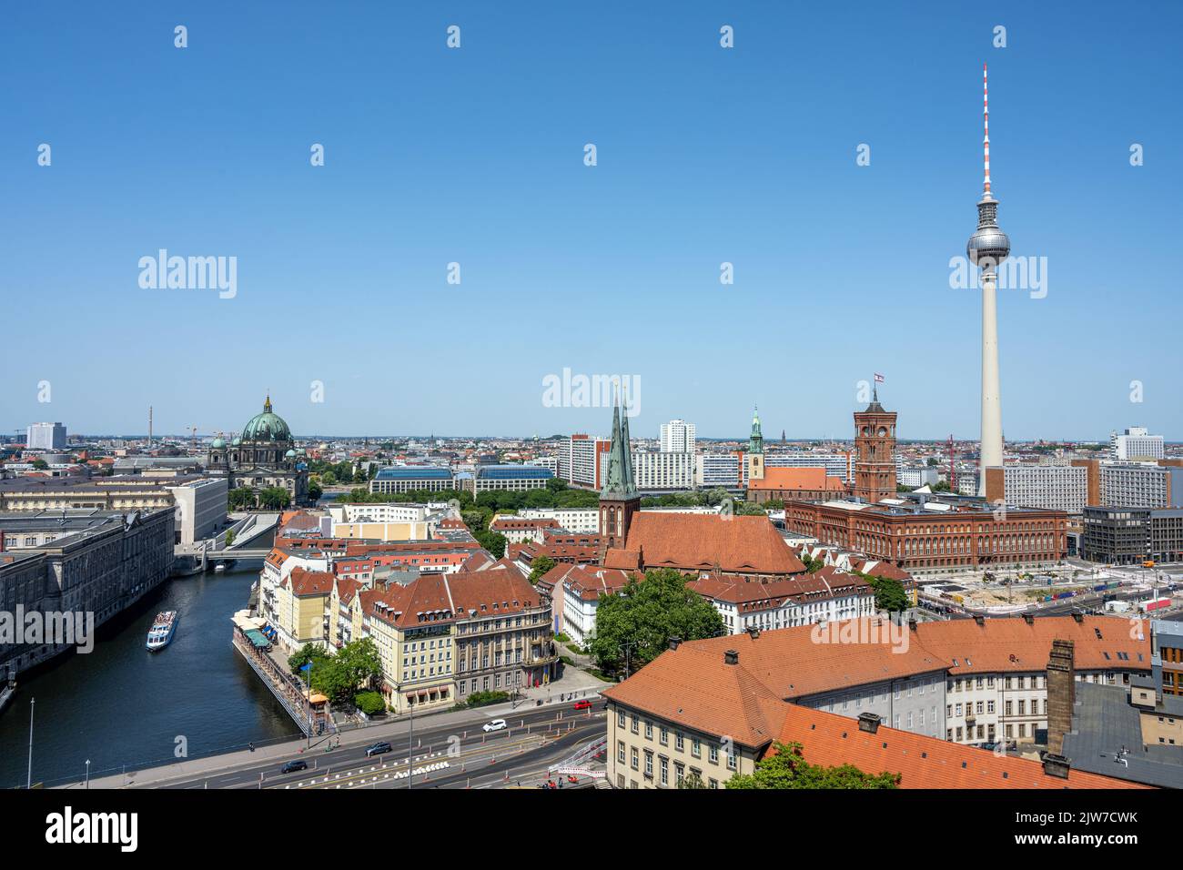 View of Berlin Mitte with the famous TV Tower, the cathedral and the town hall on a sunny day Stock Photo