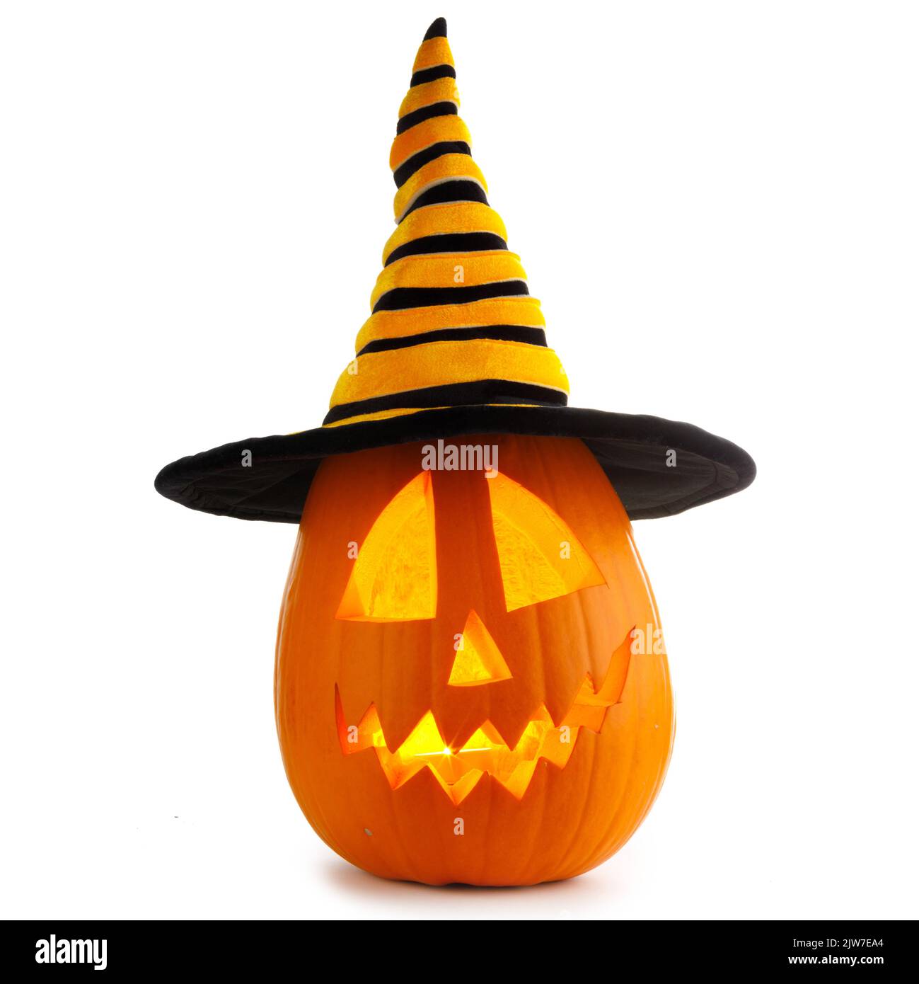 Funny Jack O Lantern Halloween pumpkin wearing witches hat isolated on ...