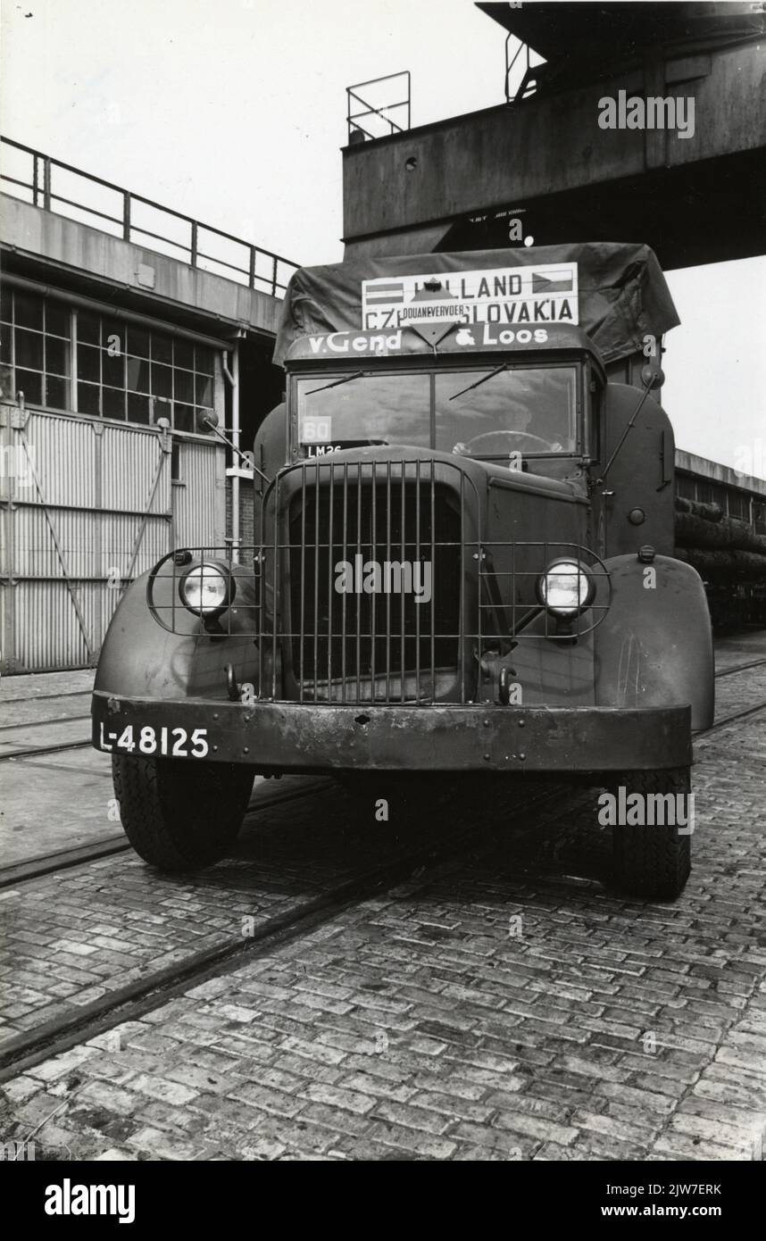 Image of a truck from Van Gend & Loos with general cargo for Czechosloakia, at Thomsen's Port Authority in the Lekhaven in Rotterdam. Stock Photo