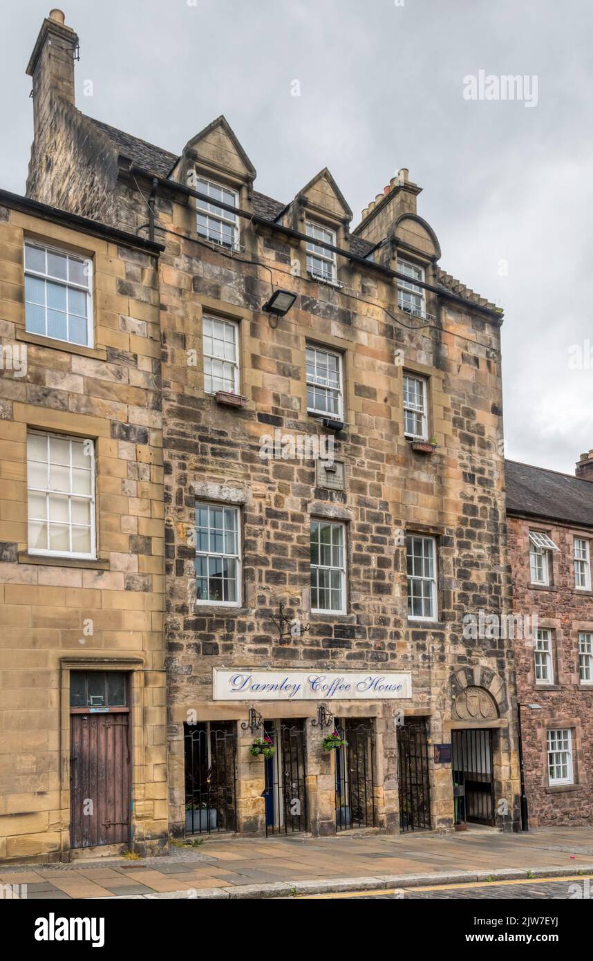 House traditionally said to have been that of Lord Darnley, the husband of Mary Queen of Scots.  It now contains the Darnley Coffee House. Stock Photo