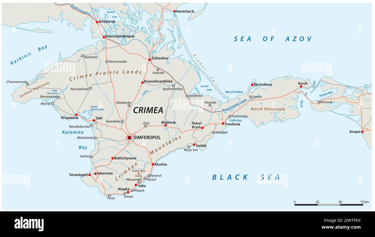 Detailed crimea road and major cities vector map Stock Photo