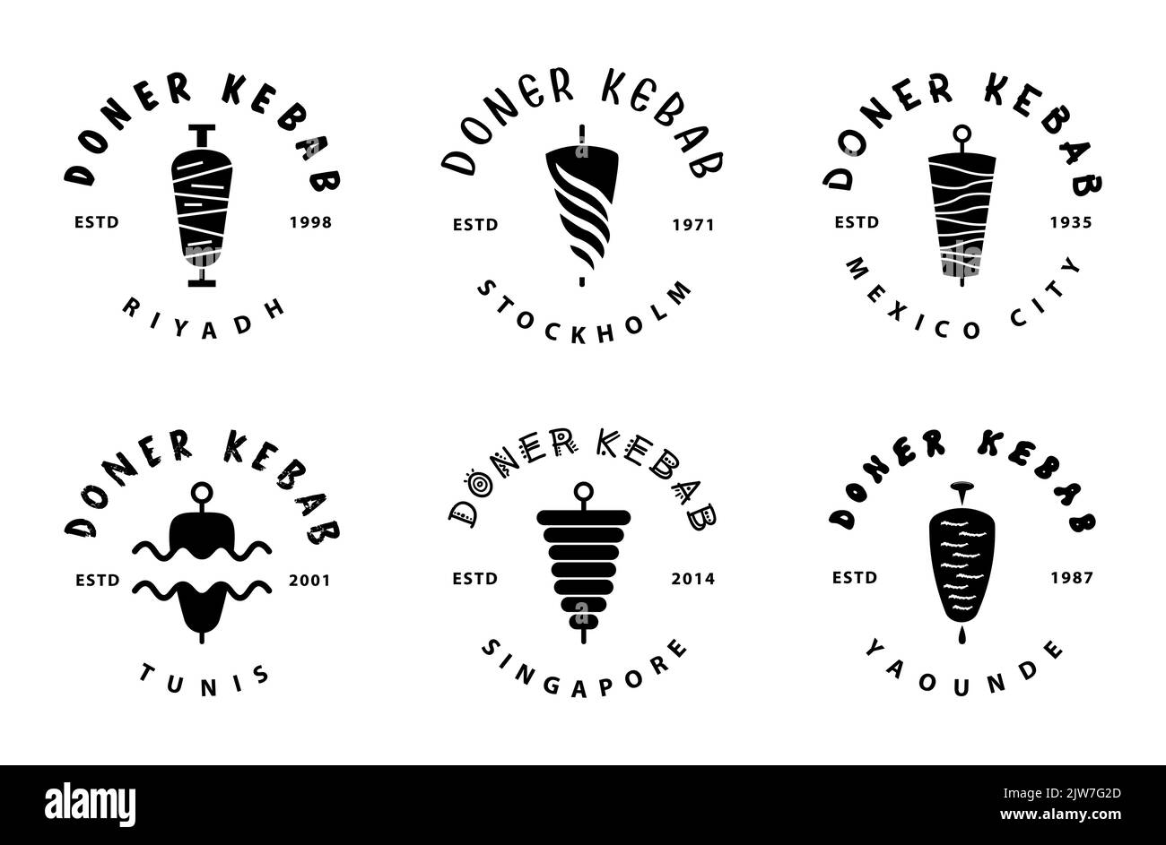Doner Kebab big set collection. Fast Food Restaurant Design elements for logo, label, emblem, sign. Vector. Stock Vector