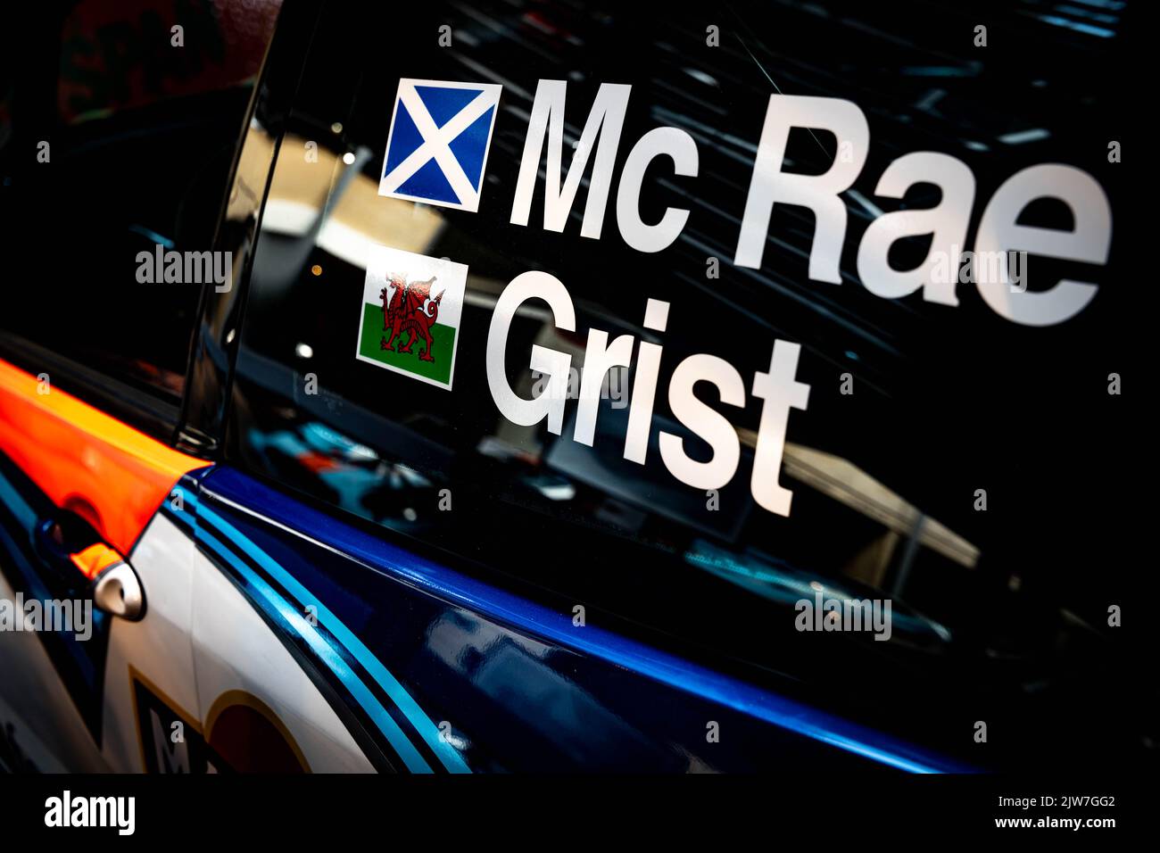 McRae Grist rally car livery with Scottish and Welsh flags displayed Stock Photo