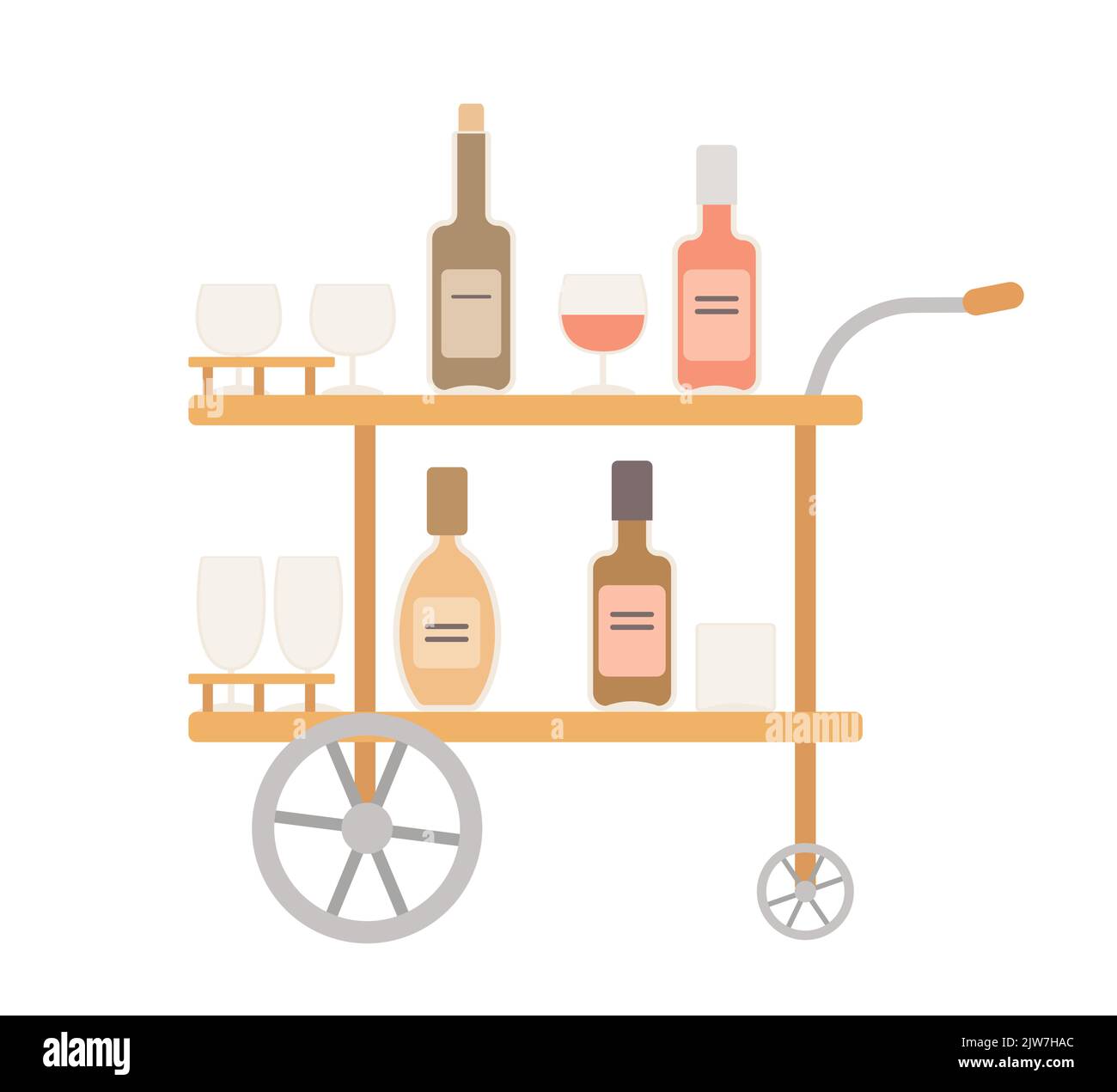 Cute bar cart with alcohol. Home interior concept. Cartoon flat style