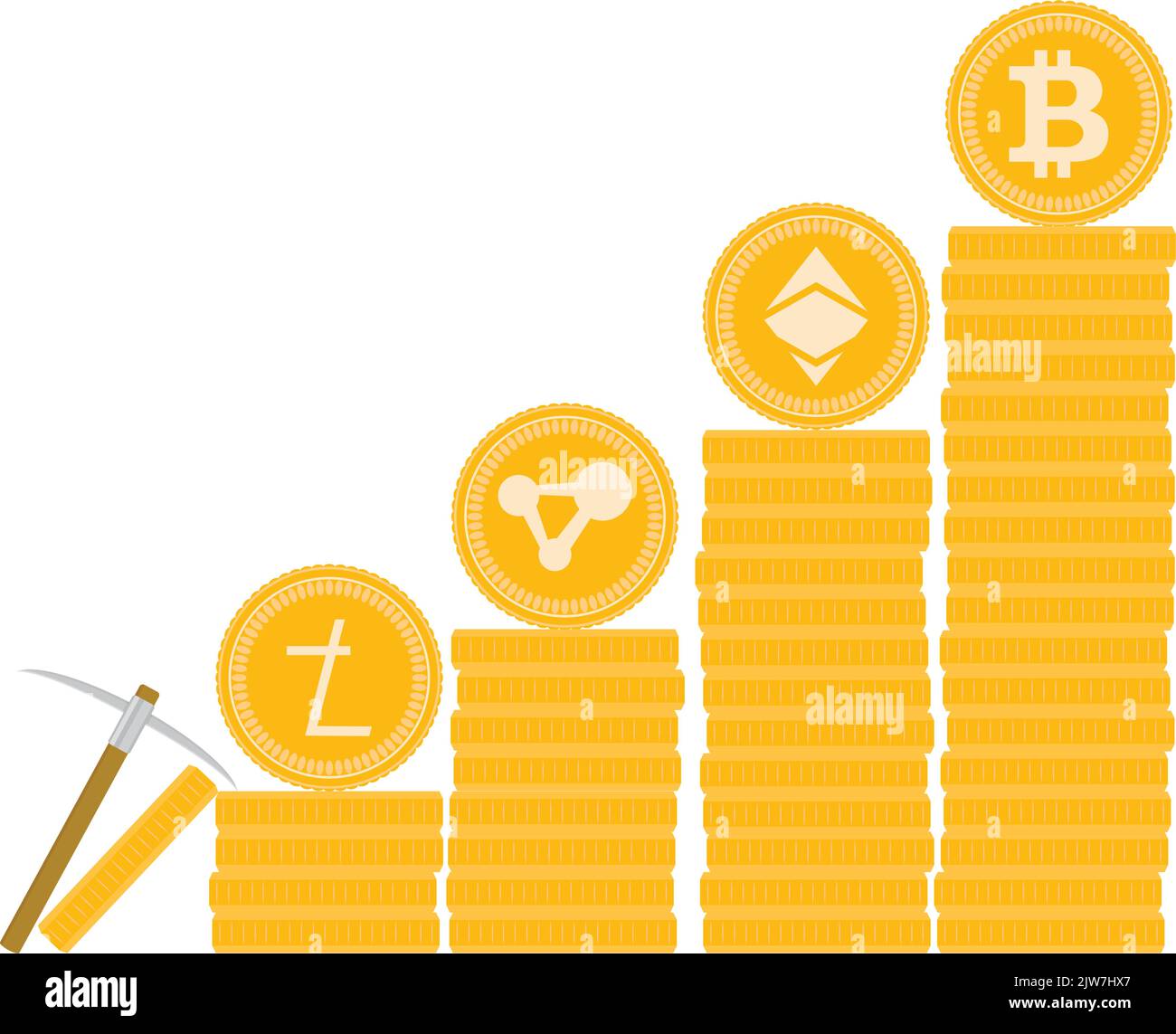 Crypto assets, bitcoin stack and golden altcoins. Vector illustration. Digital capital stock, btc commerce, electronic market, global blockchain banki Stock Vector